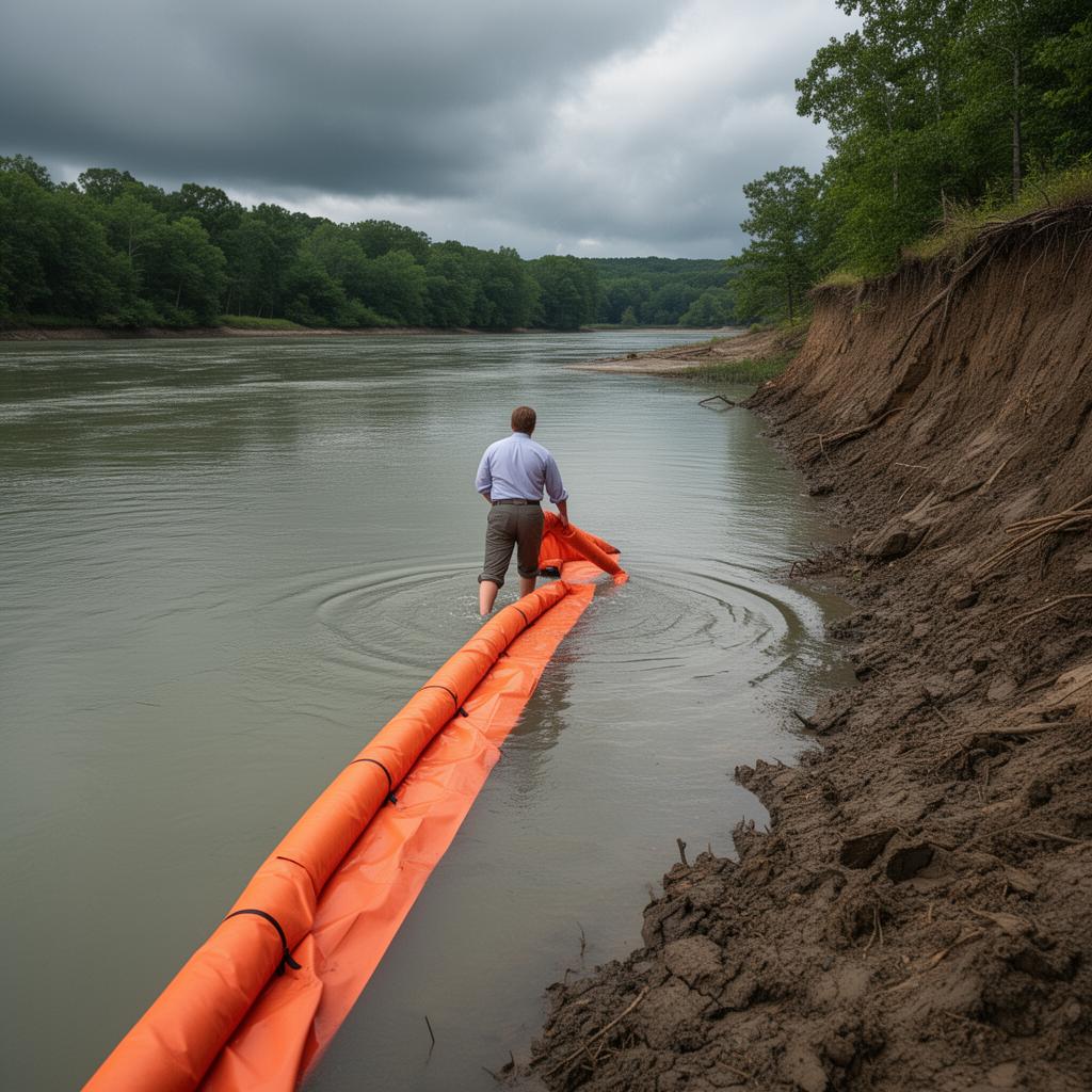 workers deploying the turbidity curtain by hand