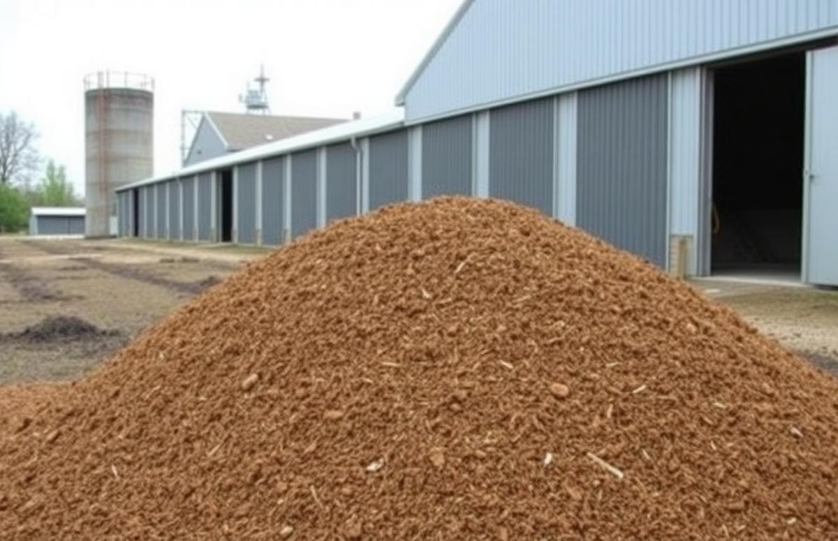 Pile of chicken manure outside an industrial poultry farm building