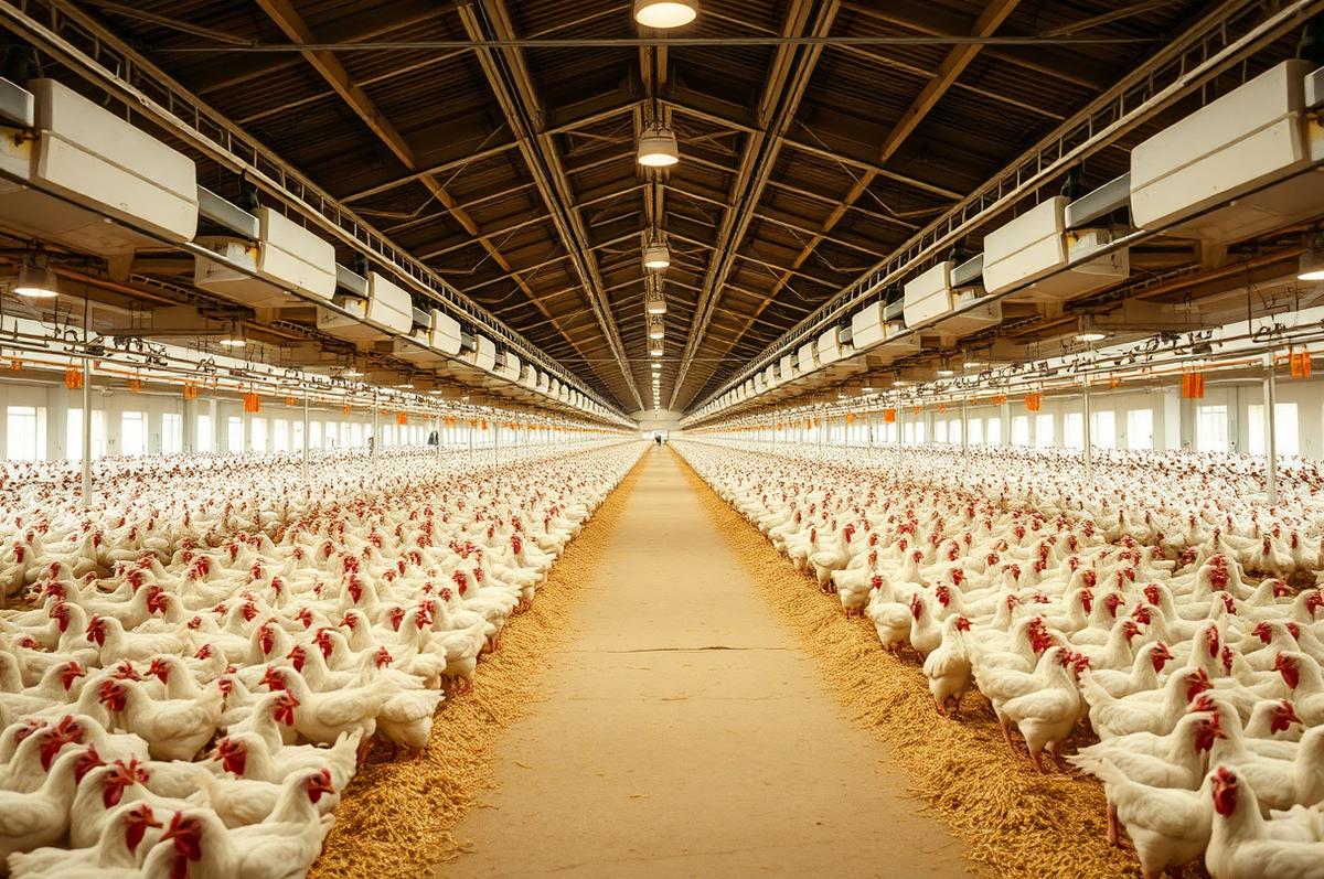 Interior of a large industrial poultry farm with rows of broiler chickens